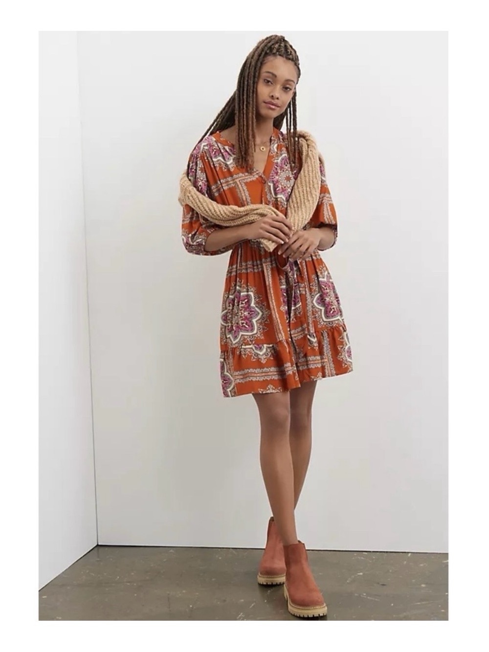 Porridge by Anthropologie Orange Rust Isabel Paisley Boho Mini Dress - XS